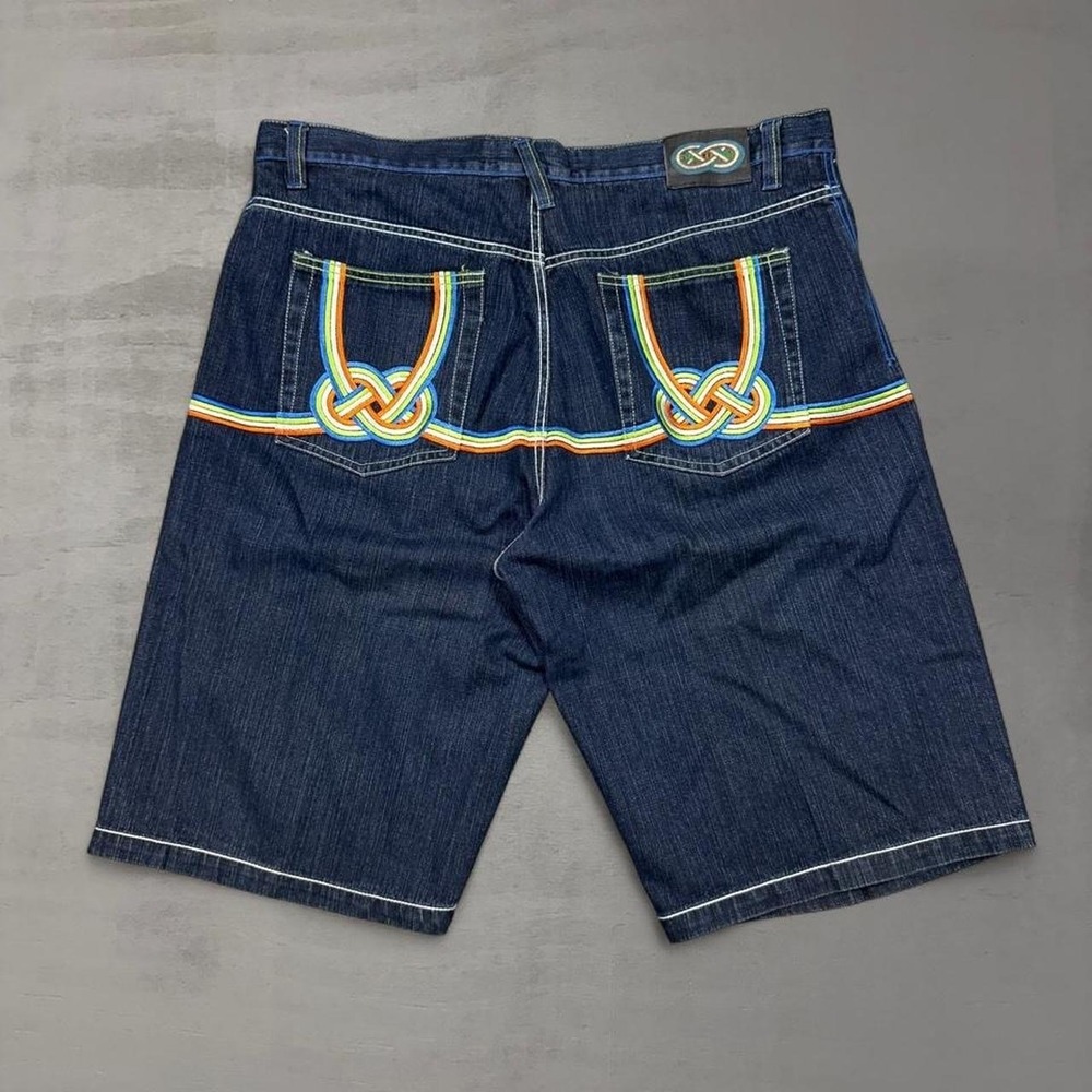 Y2K Evolution In Design‎ Denim Shorts Blue Rainbow Embroidered Baggy Jorts 44